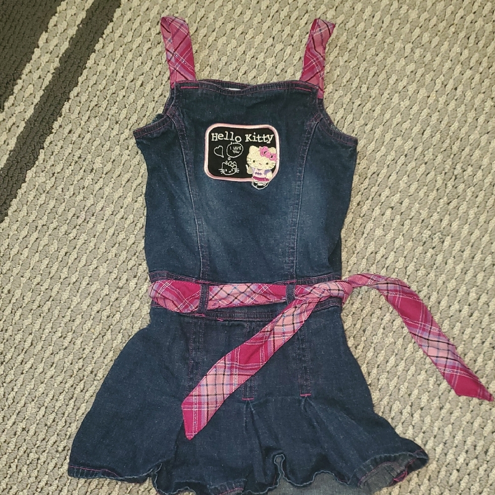 Hello Kitty Denim Romper with Pink Plaid Accents